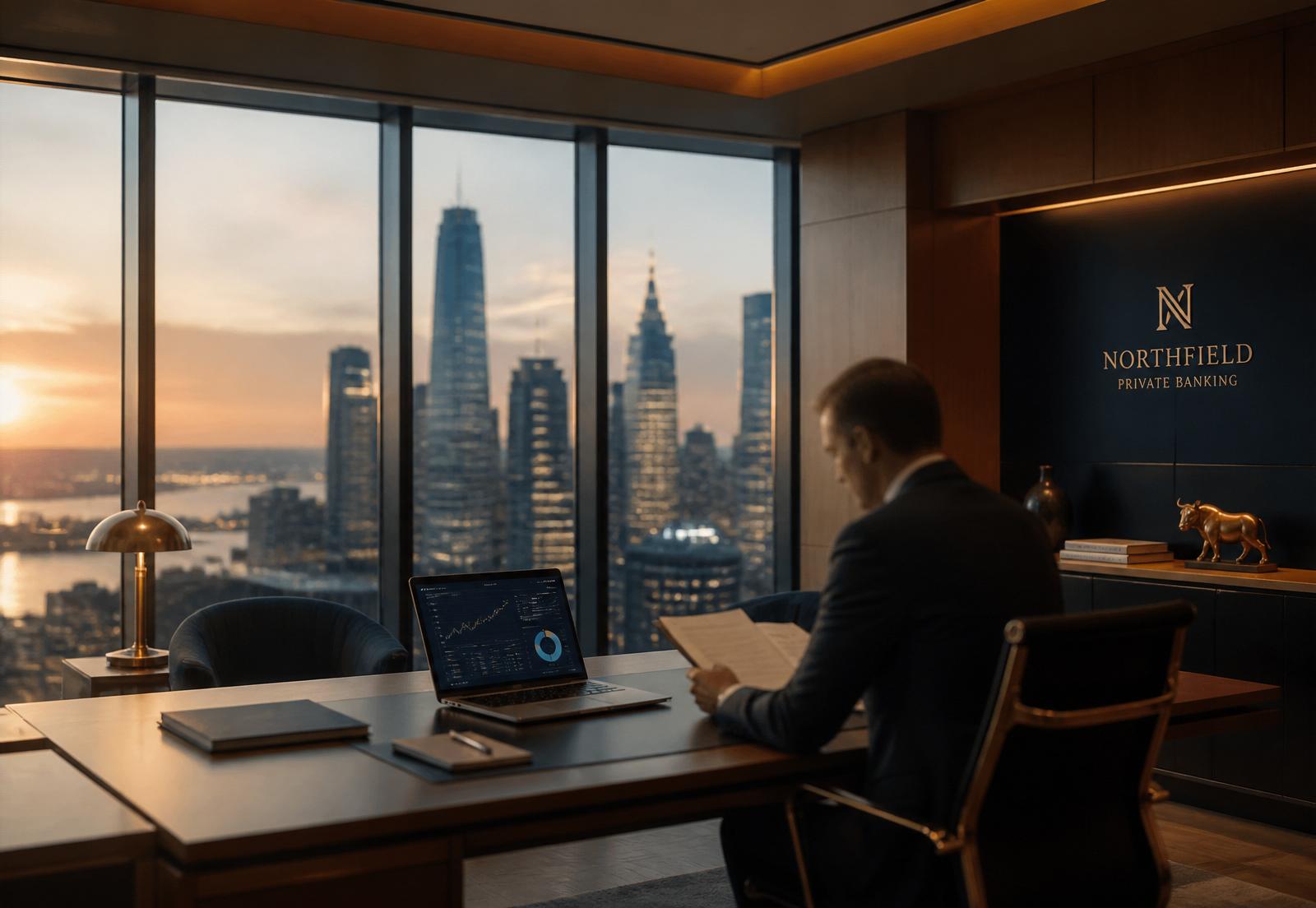 Private banking office overlooking city skyline at golden hour