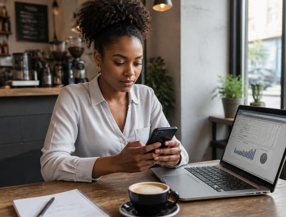 Woman using the Meridian Trust mobile banking app in a café