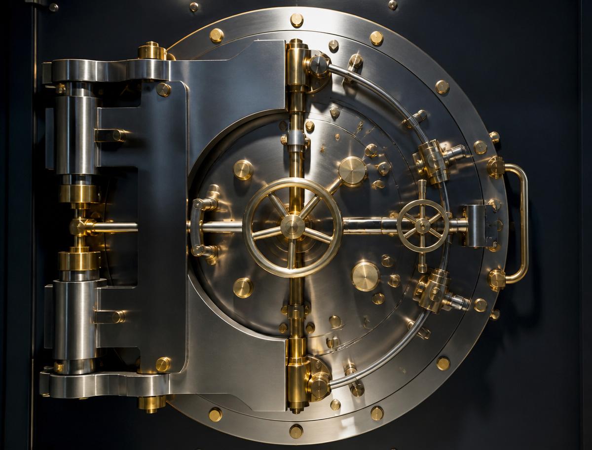 Polished steel bank vault door representing security